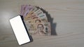 Mobile phones with white screens placed on Thai money Royalty Free Stock Photo