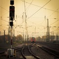 Mobile photography tone red train on railway track Royalty Free Stock Photo