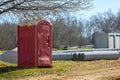 Mobile portable outdoor restroom toilet is at a construction site