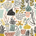 Potted flowers. Vector illustration in scandinavian style. Hand drawn seamless pattern design for fabric