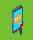 Mobile PPC pay per click smart phone flat 3d isometric vector Royalty Free Stock Photo