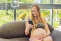 Mobile pregnancy online maternity application. Pregnant mother using phone. Pregnancy, medicine, pharmaceutics, health