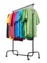 Mobile rack with color clothes isolated on white background. File contains a path to isolation. Royalty Free Stock Photo