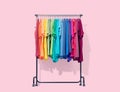 Mobile rack with color clothes on light pink background. File contains a path to isolation. Royalty Free Stock Photo