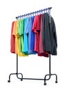 Mobile rack with color clothes on white background. File contains a path to isolation. Royalty Free Stock Photo