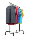 Mobile rack with color clothes on white background. File contains a path to isolation.