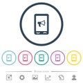 Mobile reading aloud flat color icons in round outlines