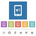 Mobile reading aloud flat white icons in square backgrounds