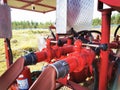 Mobile red generator pump for fire fighting and fire alarm control system have manual valves and pressure gauge operate on outdoor