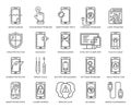 Mobile repair service line style icons set. Phone fix pattern. Smartphone common issues, repair and accessories logos. Mobile serv