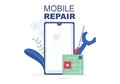 Mobile Repair of a Telephone or Smartphone Electronics Service with Broken Screen and Machine Breakdown in Illustration