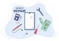 Mobile Repair of a Telephone or Smartphone Electronics Service with Broken Screen and Machine Breakdown in Illustration