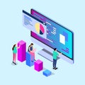 Mobile report analysis tool app flat 3d isometry isometric business concept web vector illustration. Businessmen