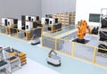 Mobile robots, dual-arm robots, heavy payload robot cell and CNC machines Royalty Free Stock Photo