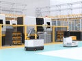 Mobile robots passing CNC robot cells in factory