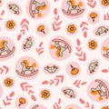 Rocking horses and toy cars on the pink background. Seamless pattern for children fabric design or nursery wallpaper. Vector illus