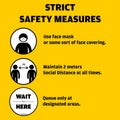 Safety Measure Notice for Public Places. Use Face Mask or some sort of face covering. Maintain 2 meters distance at all times. Que