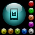 Mobile save data icons in color illuminated glass buttons