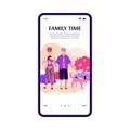Mobile screen with scene of family weekend cartoon vector illustration isolated. Royalty Free Stock Photo
