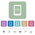 Mobile scripting flat icons on color rounded square backgrounds