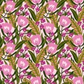 Seamless pattern with exotic flowers and tropical leaves in hand drawn style. Vector fashion repeated design