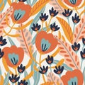 Seamless pattern with exotic flowers and tropical leaves in hand drawn style. Vector fashion repeated fabric design