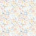 Seamless pattern in hand drawn doodle style. Line objects. Repeat background with art materials, brushes, paints and tools. Royalty Free Stock Photo