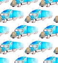 Seamless pattern transport and logistic of watercolor blue semi-trailer truc