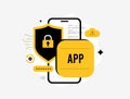 Mobile security app protection cyber threat analysis with reverse engineering risks, ai malware, weak passwords Royalty Free Stock Photo