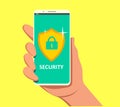 Mobile security app on smartphone screen. User touch screen. Flat design vector illustration