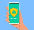 Mobile security app on smartphone screen. User touch screen. Flat design vector illustration