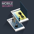 Mobile security concept flat 3d isometric infographic