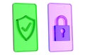 Mobile security icons, smartphone with shield check and padlock. 3D rendering Royalty Free Stock Photo