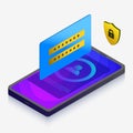 Mobile Security Protection Personal Data Technology concept. Isometric vector illustration smart phone, digital password padlock