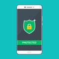 Mobile security protection vector illustration, security smartphone app sign, screen shield flat icon, mobile phone