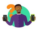Mobile selection flat design illustration, black man choosing smartphone, isolated sign, synchronization icon