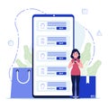 Mobile shopping concept. Woman shopping on social networks through phone flat design Royalty Free Stock Photo