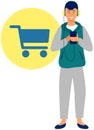 Mobile shopping concept. Young man buy things in online store using application in smartphone Royalty Free Stock Photo