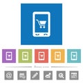 Mobile shopping flat white icons in square backgrounds