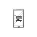 Mobile shopping hand drawn outline doodle icon. Royalty Free Stock Photo