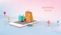 Mobile shopping online with credit card,marketing and digital concept on isometric style