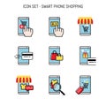 Mobile shopping, Smart phone merchant and buyer concepts, Flat lay design Royalty Free Stock Photo