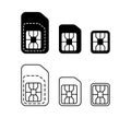 Mobile SIM card icons set. Normal, Micro, Nano type compatible SIM-card symbol.