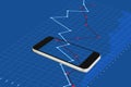 Mobile smart phone and blue raising graph background
