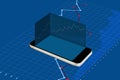 Mobile smart phone with empty blue screen and raising graph background. Making money on mobile phone, online stock market