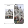 Mobile smartphone with an example of the screen and cover design isolated on white background. Blurred image, cathedral