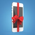 Mobile smartphone with glossy satin ribbon gift isolated on color background