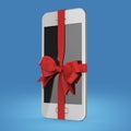 Mobile smartphone with glossy satin ribbon gift isolated on color background