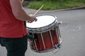 Mobile snare drum played in a marching band, musical percussion instrument for the rhythm at a parade on the street, selected Royalty Free Stock Photo