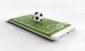 Mobile soccer. Football field on the smartphone screen and ball. Online ticket sales concept. 3d rendering